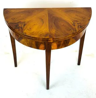 Biedermeier Demi-Lune-Tisch, halbrunder Klapptisch, Nussbaum, Süddeutschland, um 1820, Ansicht 1
