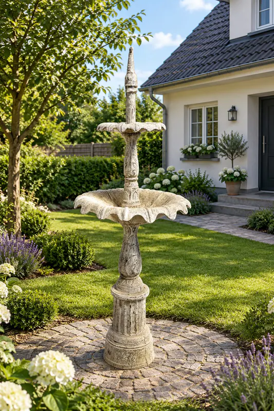 Mehrstufiger gußeiserner Gartenbrunnen mit Muschelschalen