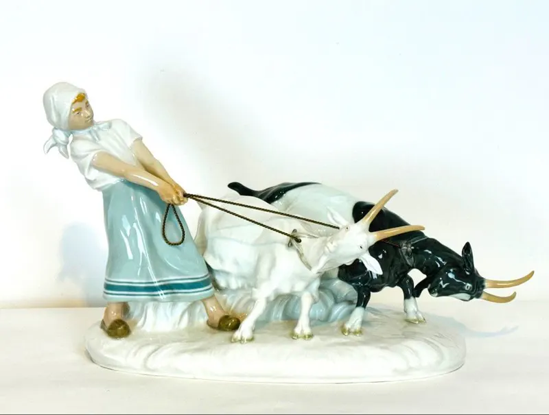 Meißen, große Jugendstil-Figurengruppe „Ziegenhirtin“ von Otto Pilz, um 1910