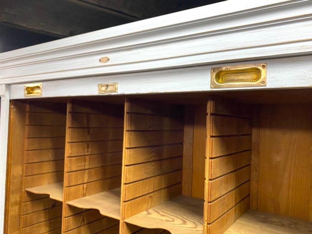Großer antiker Rollladenschrank, Büroschrank, Nadelholz, weiß gefasst, Ansicht 5