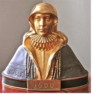 Büste einer Heiligen in mittelalterlicher Form, Bronze, teilvergoldet, Ansicht 1