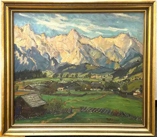 Marie Hager (1872 Penzlin – 1947 Burg Stargard), „Alpental mit Bergdorf“, Öl auf Leinwand, 1920er Jahre, Ansicht 1