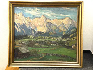 Marie Hager (1872 Penzlin – 1947 Burg Stargard), „Alpental mit Bergdorf“, Öl auf Leinwand, 1920er Jahre, Ansicht 2