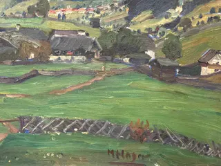 Marie Hager (1872 Penzlin – 1947 Burg Stargard), „Alpental mit Bergdorf“, Öl auf Leinwand, 1920er Jahre, Ansicht 3