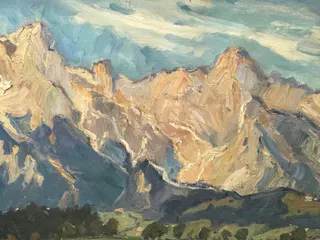Marie Hager (1872 Penzlin – 1947 Burg Stargard), „Alpental mit Bergdorf“, Öl auf Leinwand, 1920er Jahre, Ansicht 4