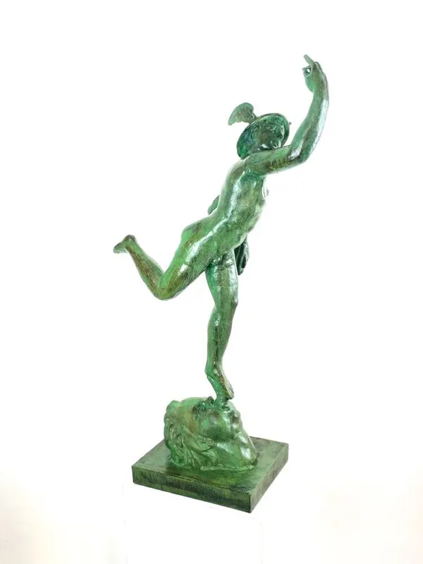 Große Hermes-Figur, Gartenskulptur, Gusseisen, grün patiniert, 20. Jh.