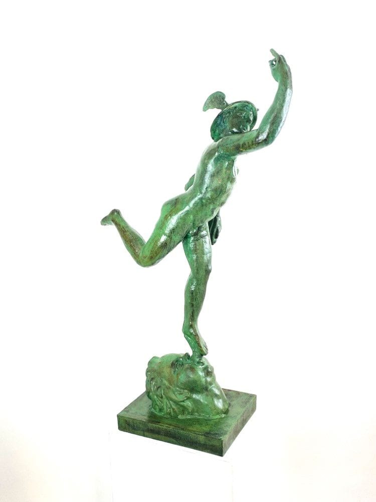 Große Hermes-Figur, Gartenskulptur, Gusseisen, grün patiniert, 20. Jh., Ansicht 1