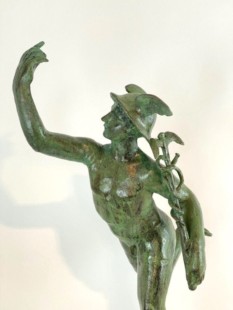 Große Hermes-Figur, Gartenskulptur, Gusseisen, grün patiniert, 20. Jh., Ansicht 2