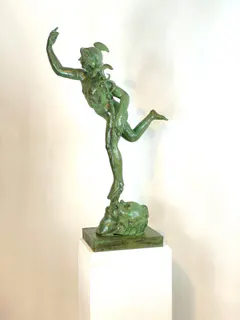 Große Hermes-Figur, Gartenskulptur, Gusseisen, grün patiniert, 20. Jh., Ansicht 4