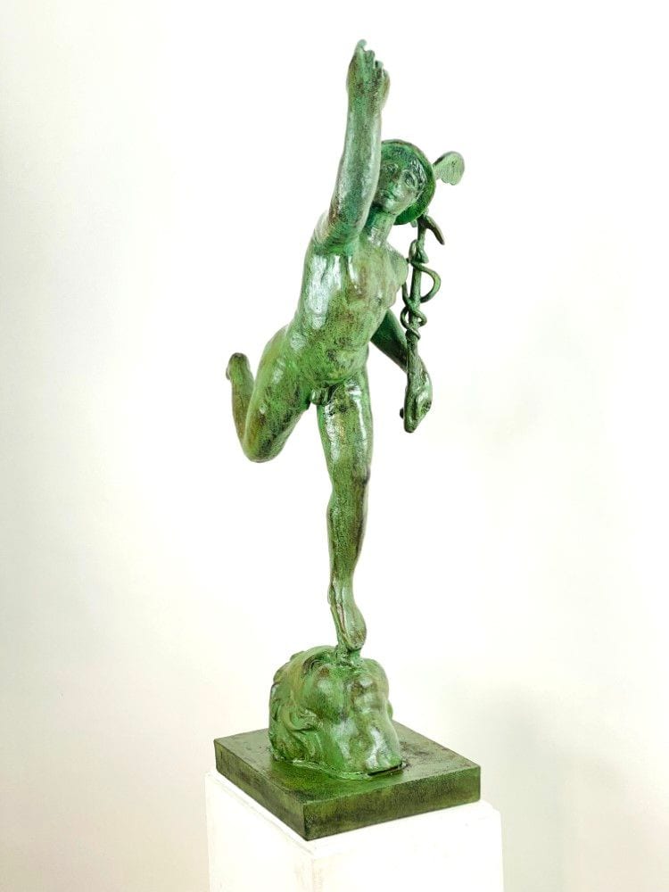 Große Hermes-Figur, Gartenskulptur, Gusseisen, grün patiniert, 20. Jh., Ansicht 5
