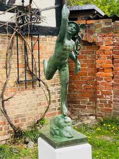 Große Hermes-Figur, Gartenskulptur, Gusseisen, grün patiniert, 20. Jh., Ansicht 7