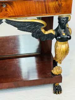 Empire-Konsole, Mahagoni, vergoldete Karyatiden, Marmorplatte, Frankreich, 19. Jh., Ansicht 4