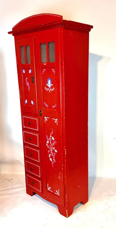 Kinderspind, schmaler Kleiderschrank, Nadelholz bemalt, deutsch um 1910