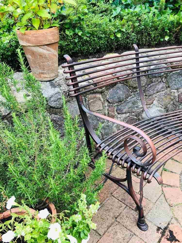 Französische Gartenbank SABOT, viertelkreisförmig, handgeschmiedet, Rostoptik, Ansicht 4