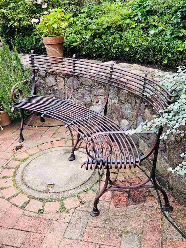 Französische Gartenbank SABOT, viertelkreisförmig, handgeschmiedet, Rostoptik, Ansicht 5
