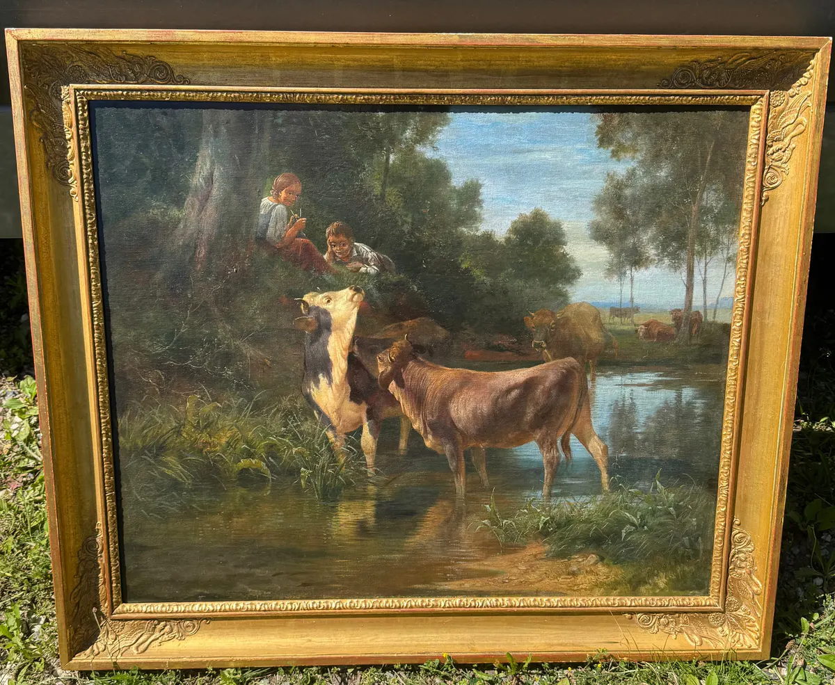 Rinder am Waldteich – Ländliche Idylle im Stil der Münchner Schule (Johann Friedrich Voltz ?), Ansicht 3