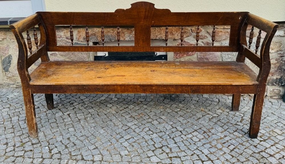 Biedermeier-Bauernbank mit originaler Farbfassung, Kiefer, 19. Jh.