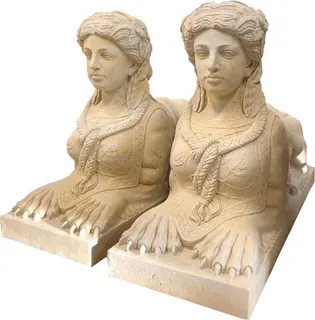 Paar Sphinxen, Gartenfiguren aus Sandsteinguss, Ansicht 1