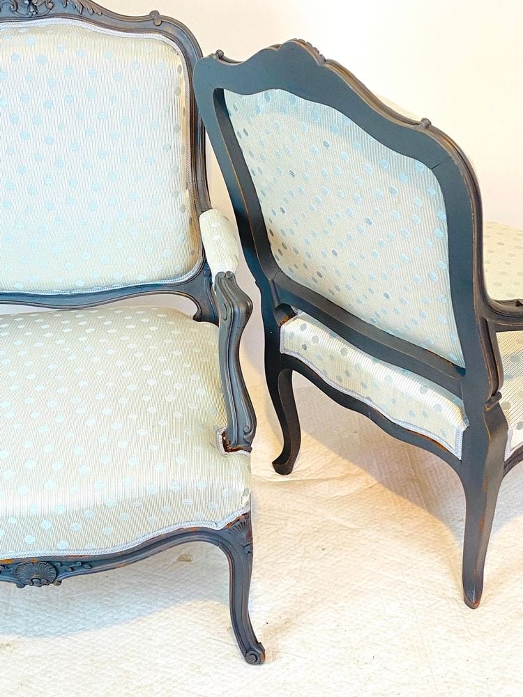Paar Sessel im Barockstil, 19. Jh., graue Fassung, neu gepolstert, Ansicht 4