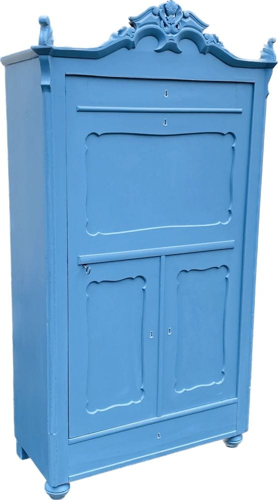 Eintüriger Dielenschrank, Weichholz, blaugrau gefasst, Mitte 19. Jh., Ansicht 1