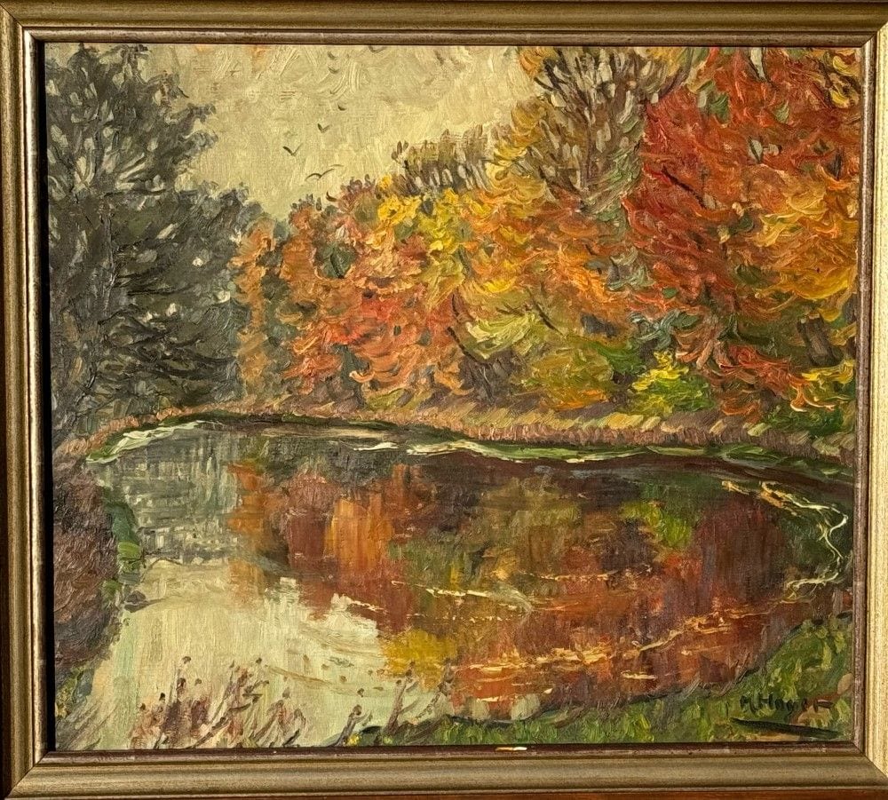 Marie Hager (1872 Penzlin – 1947 Burg Stargard), „Weiher im Herbstwald“, Öl auf Leinwand, Ansicht 1