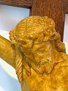 Standkreuz mit Christusfigur, Zimmeraltar, Eichensockel im gotischen Stil, Mitte 19. Jh., Ansicht 5