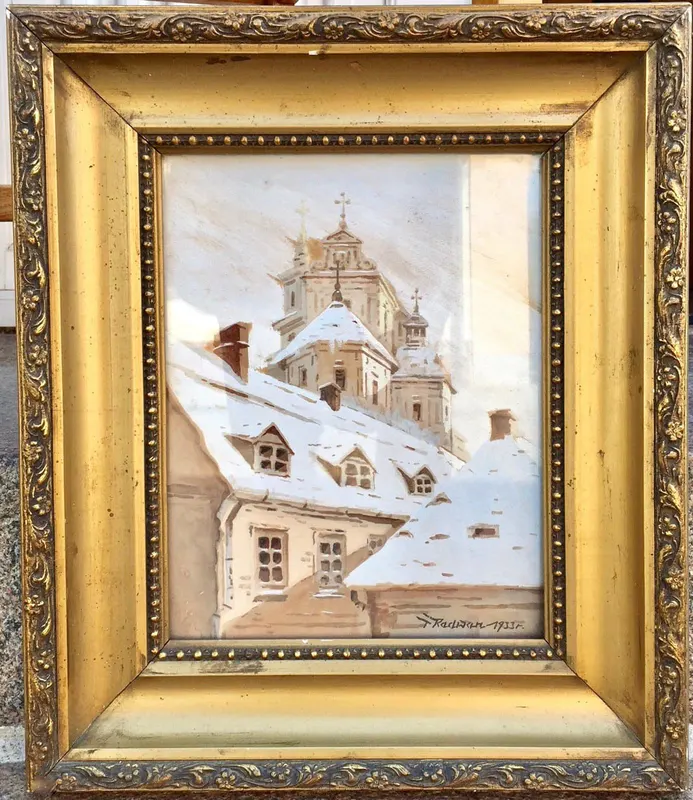Polnisches Aquarell einer winterlichen Kirchen- Ansicht