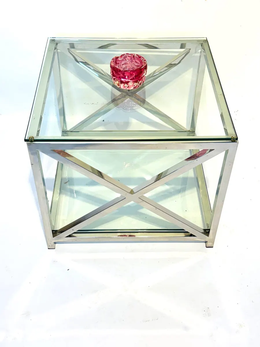 Designer Beistelltisch, Chrom, Glas, New Yorker Design, Lampentisch, Ansicht 2