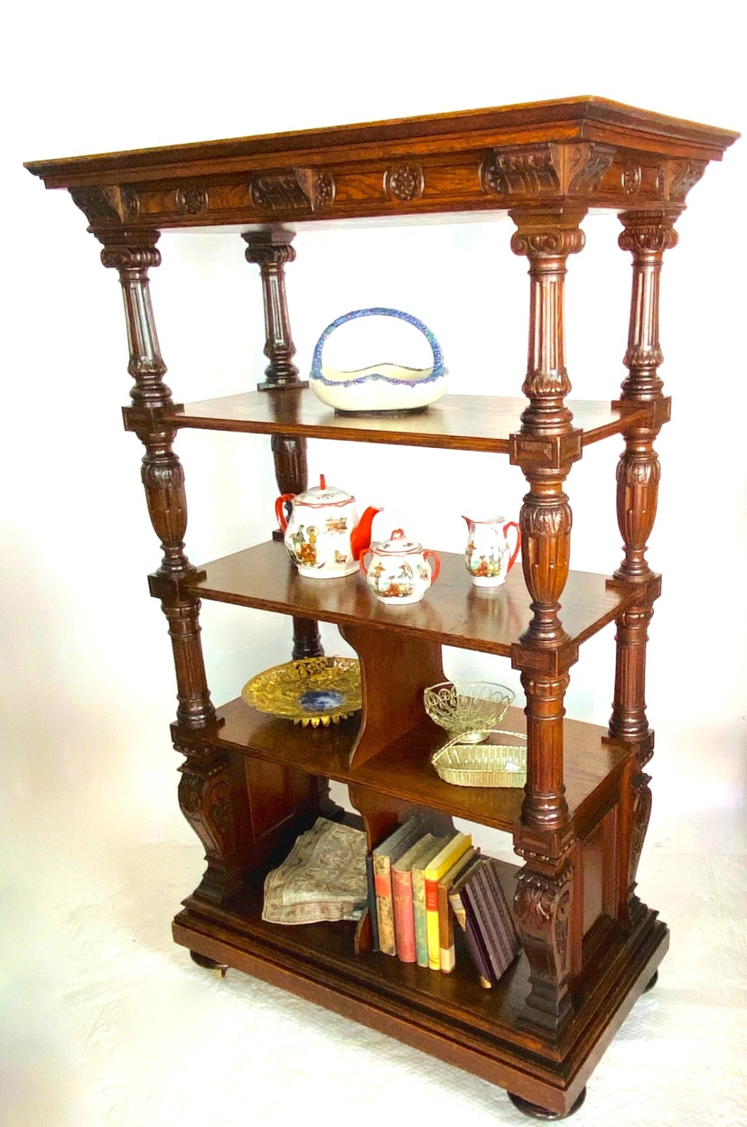 Gründerzeit Etagere, Regal, Freistehend auf Rollen, Eiche, um 1880