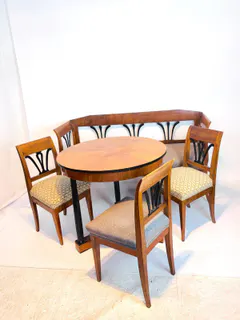 Biedermeier Sitzbank, Sitzgruppe, mit drei Stühlen u. runden Tisch, Kirschbaum,, Ansicht 1