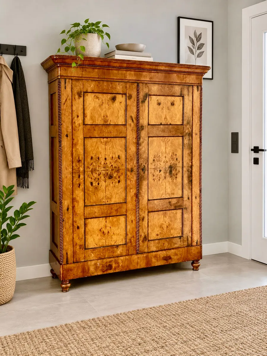 Biedermeier-Schrank aus Wurzelholz mit Seilstabprofilen, Ansicht 1