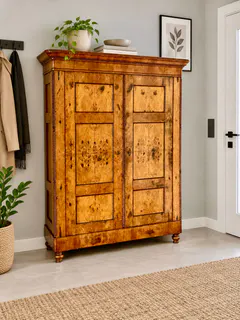 Biedermeier-Schrank aus Wurzelholz mit Seilstabprofilen, Ansicht 1