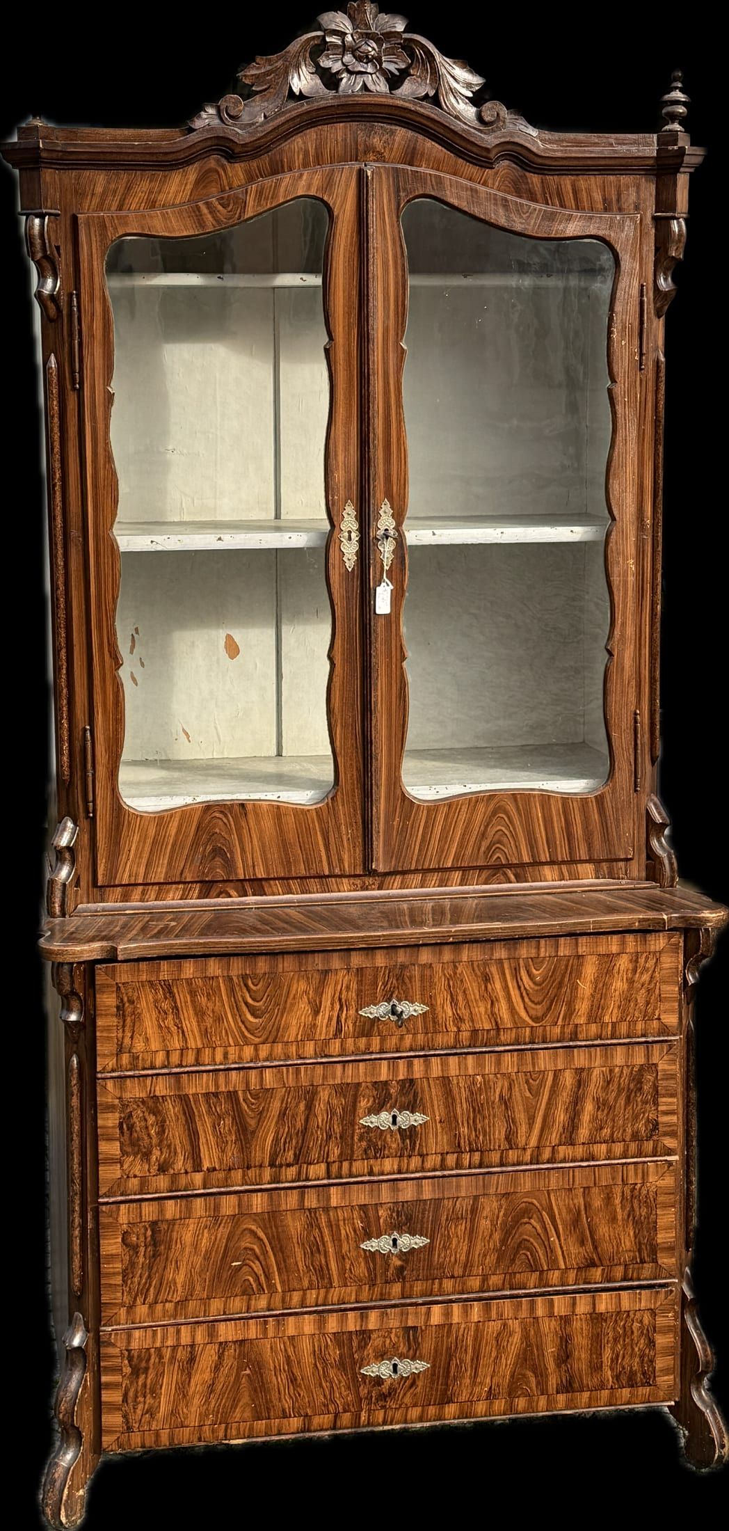 Zweiteiliger Aufsatzschrank mit Vitrine, Deutsch um 1860