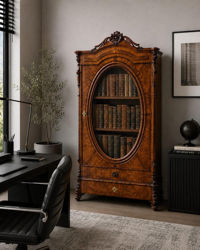 Vitrinenschrank mit ovaler Blendtür, Nussbaumwurzel-Furnier, Deutsch um 1860 — Ansicht 1