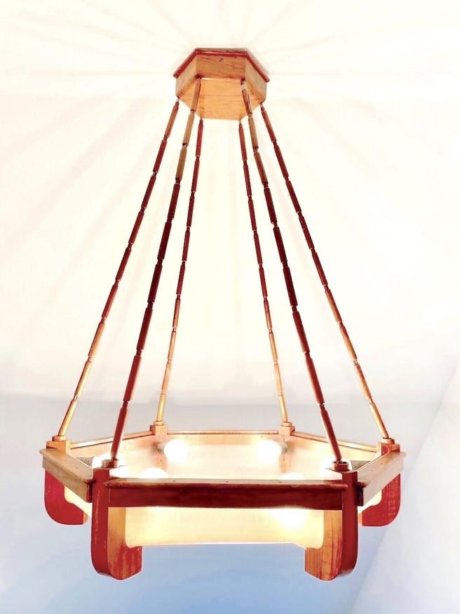 Große Art Deco Deckenlampe, Nussbaum, Frankreich um 1920, sechseckig — Ansicht 2