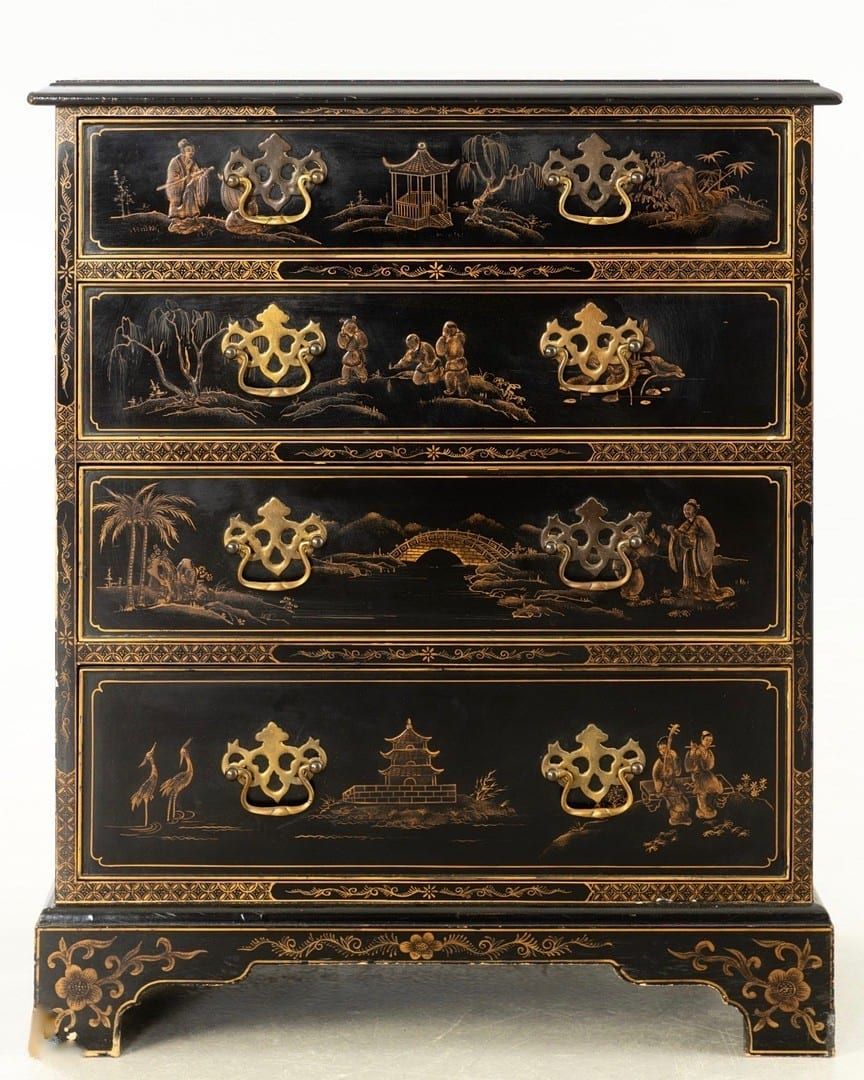 Kleine Chinoiserie-Kommode, viktorianischen Stil, schwarz mit gold. Bemalung — Ansicht 1