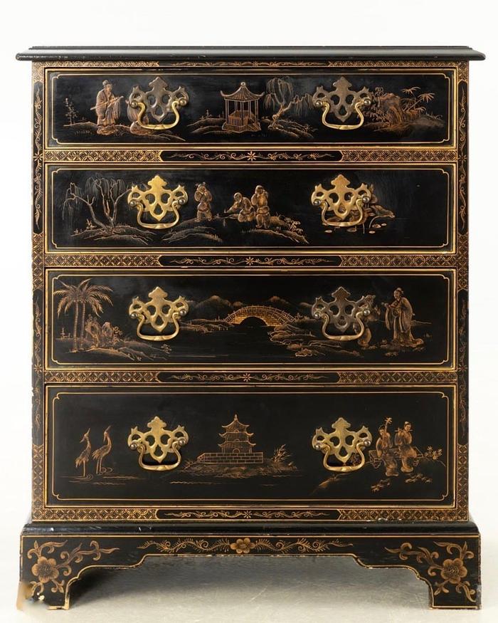 Kleine Chinoiserie-Kommode, viktorianischen Stil, schwarz mit gold. Bemalung — Ansicht 1