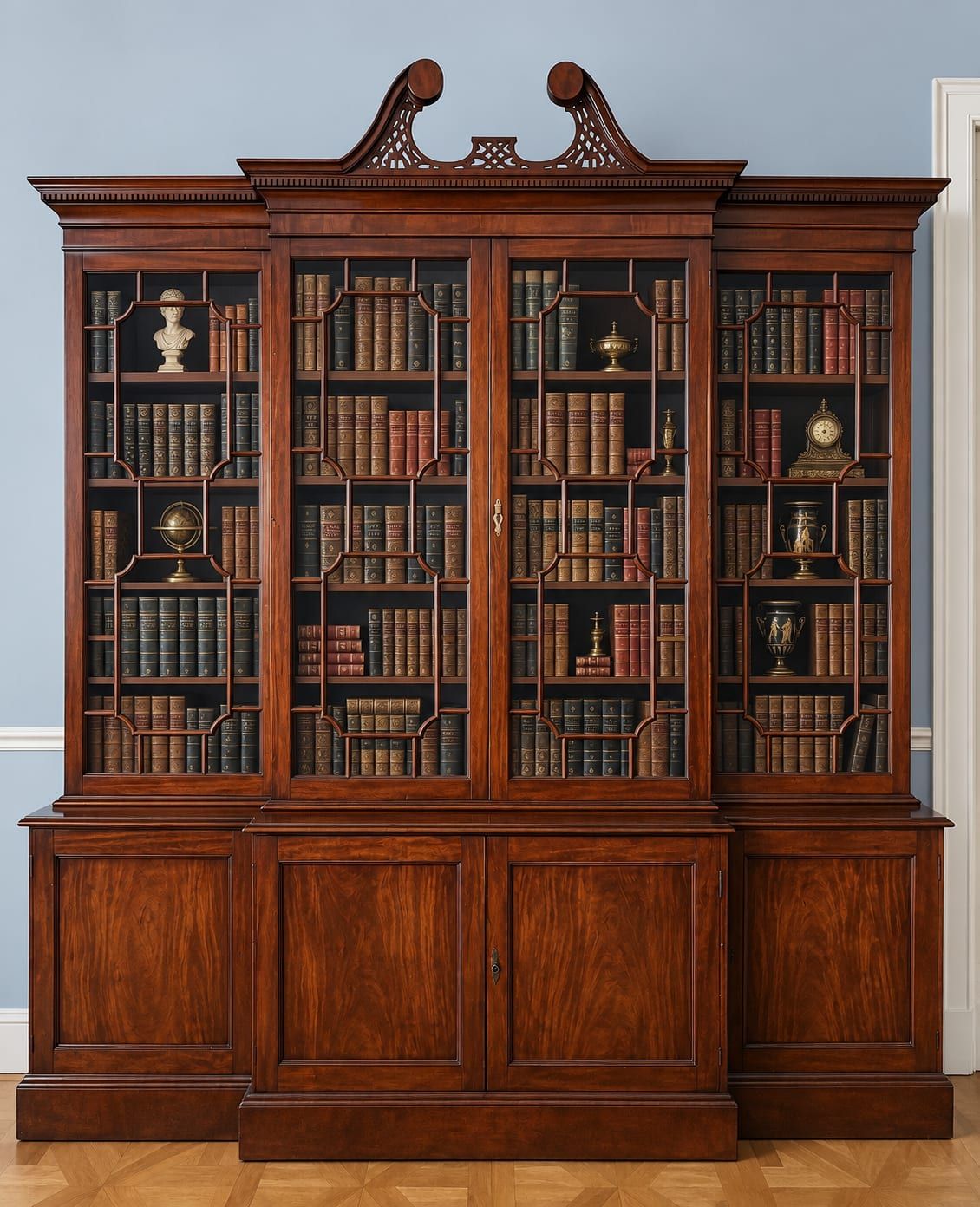 Breakfront-Bibliotheksschrank, Glasvitrine, Mahagoni, England 20. Jhd. 