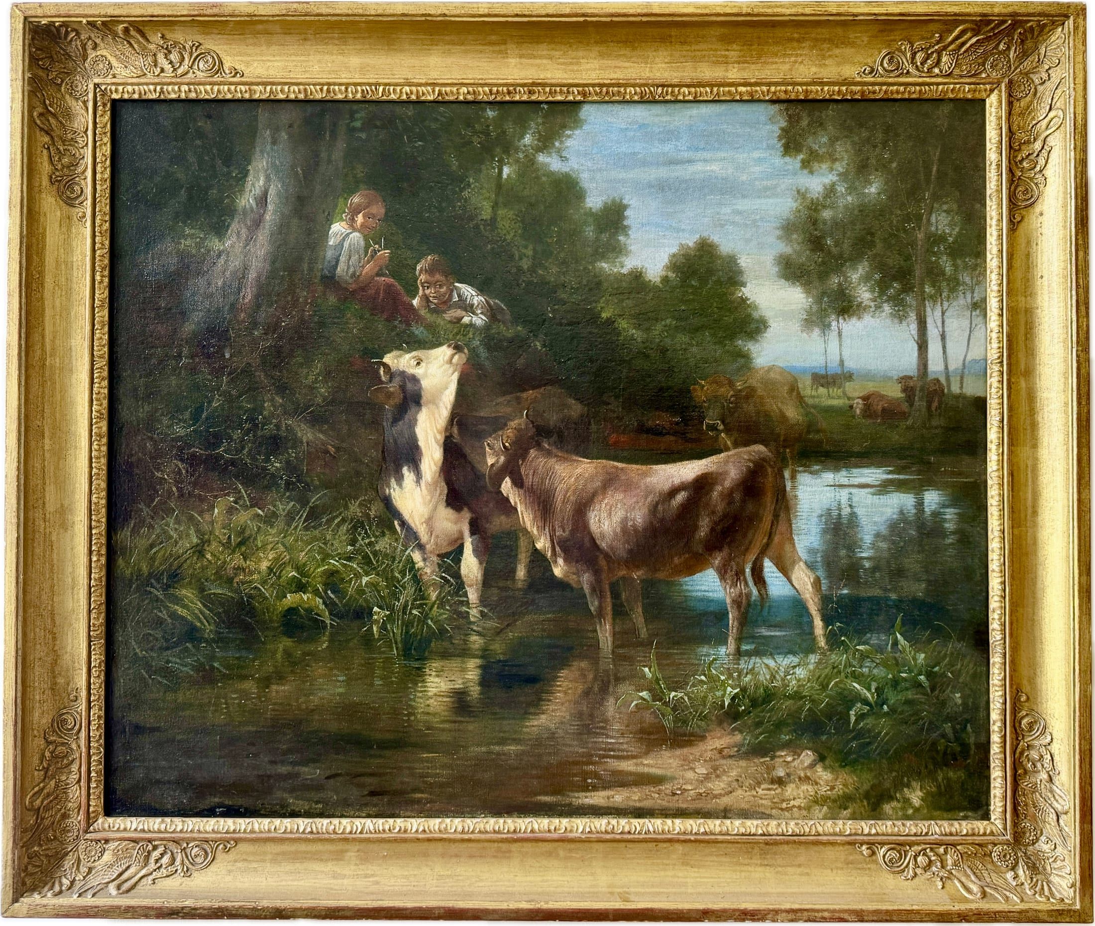 Rinder am Waldteich – Ländliche Idylle im Stil der Münchner Schule (Johann Friedrich Voltz ?)