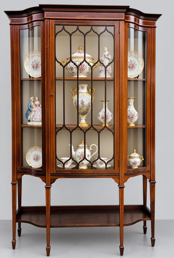 Vitrinenschrank im Sheraton-Stil mit Bombé-Front, Englische Glasvitrine — Ansicht 1